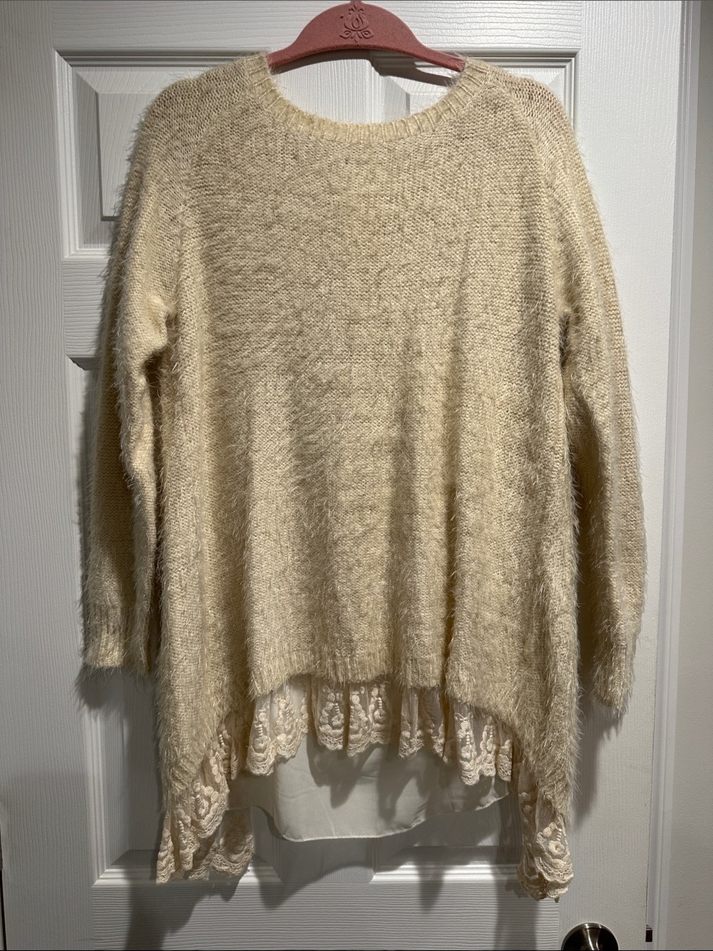 A'Reve Cream Fuzzy Scoop-Neck Sweater with Lace Trim